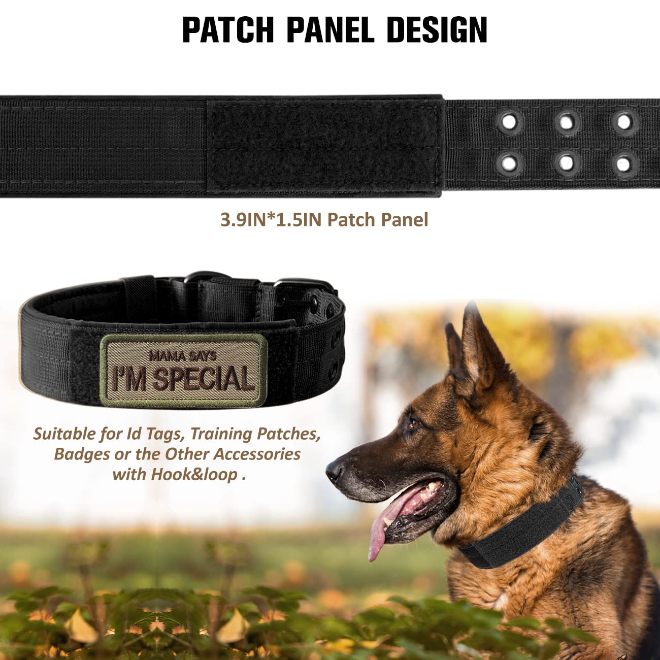 Tactical Dog Collar Military Adjustable Dog Collars Soft Nylon Training Collar with Patch Heavy Duty Metal Buckle Collars for Medium Large Dogs (Black-1, L)