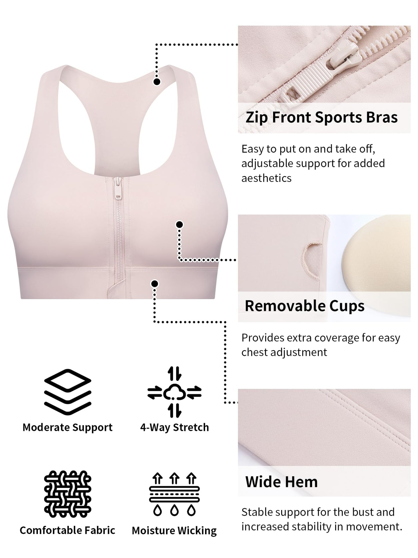 Meides Zip Front Sports Bra for Women-Wirefree Padded Workout Yoga Gym Running Bras Tank Tops Medium Support Pink