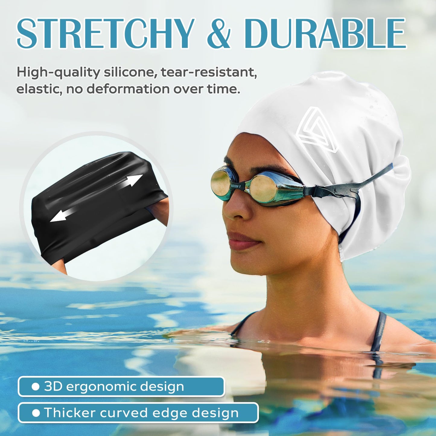 Large Swimming Cap, Suitable for Men and Women, Specially Designed Swimming Cap, Suitable for Very Long and Thick Curly Hair and Braids, Keep Hair Dry (White)