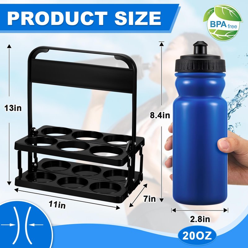 Suclain Water Bottle Carrier with 20 Oz Bottles and Stickers Plastic Wide Mouth Sports Water Bottle Squeeze Team Bottles with Black Lid for Fitness Bike Gym(7 Pcs,Dark Blue)