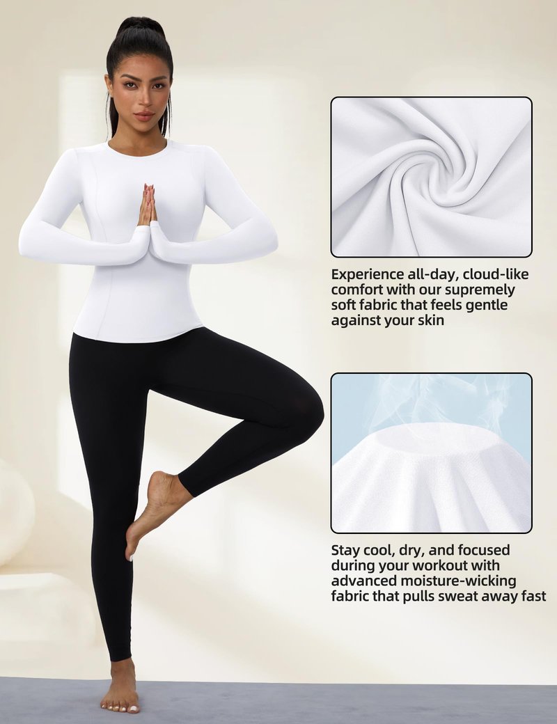 SPVISE White Long Sleeve Compression Shirt Women Workout Tops Quick Dry Athletic Base Layer Undershirts for Gym Yoga Running