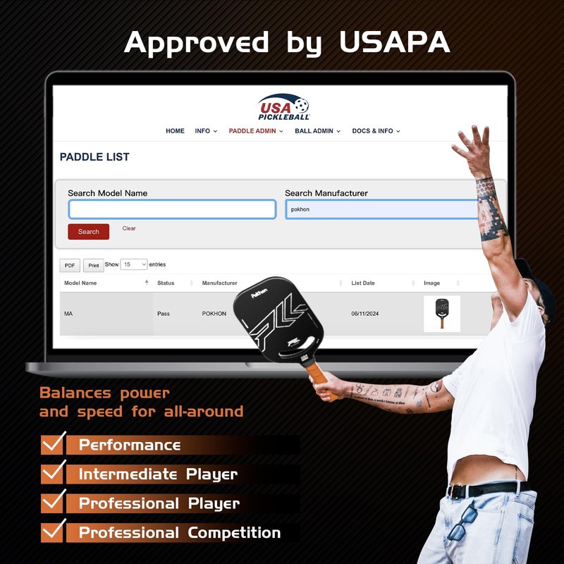 Pokhon Carbon Fiber Pickleball Paddle, Professional Raw Carbon Fiber Pickleball for Power & Control, Polymer Honeycomb Core, USAPA Approved T300 Pickleball Racket