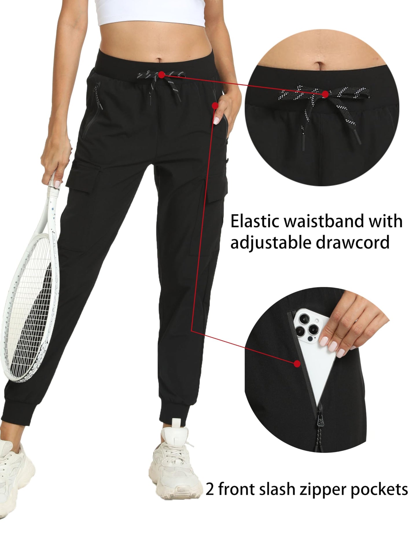zsenoxaxi Women's Joggers Cargo Pants Lightweight Quick Dry Hiking Running Pants for Athletic Casual & Outdoor(Black,M)