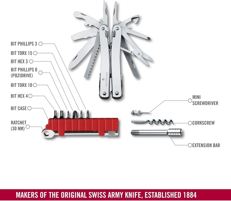 Victorinox Swiss Tool Spirit X Plus | 36-Function Swiss Army Multi-Tool with Needle-Nose Pliers & Leather Pouch - Silver