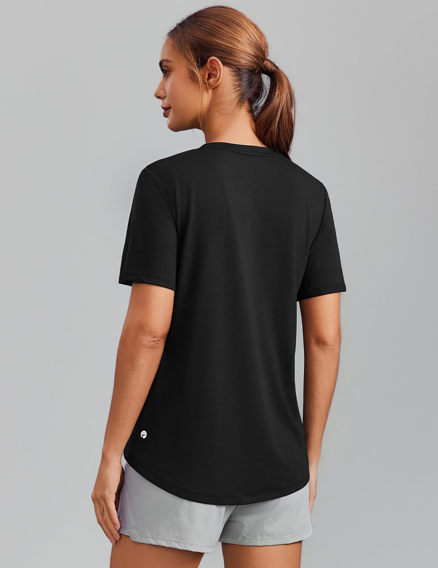 PINSPARK Workout Tops for Women Short Sleeve V Neck Moisture Wicking Gym Shirts Quick Dry Athletic T-Shirts for Running Hiking,Black Small
