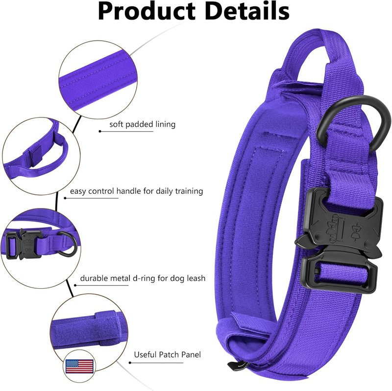 Tactical Dog Collar - Adjustable Military Nylon with Control Handle & Heavy Metal Buckle | Purple Set, Large