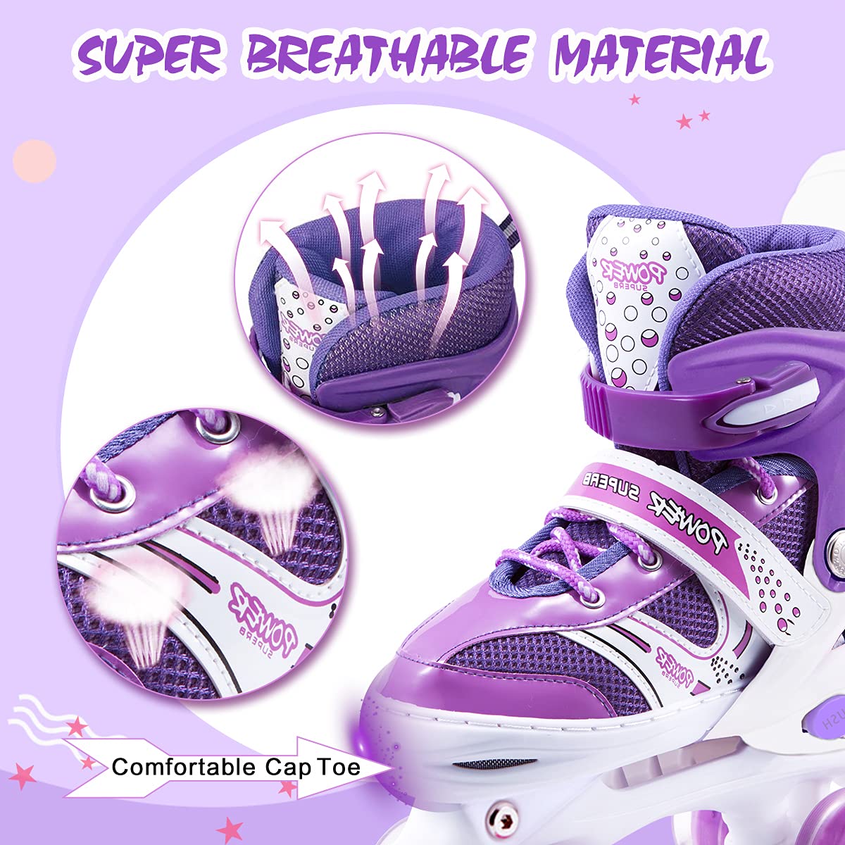 Kids Roller Skates, 4 Sizes Adjustable Beginners Boys Girls Roller Skates with Light up Wheels, High Standard Comfortable & Breathable Sports Indoor Outdoor Roller Skate Shoes (Purple-M)
