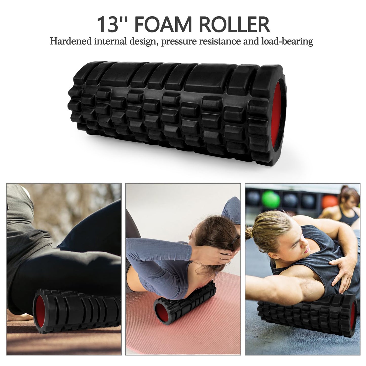 JOYENERGY 5 in 1 Foam Roller Set Trigger Point Foam Roller Patented, Massage Roller Stick, Massage Ball, Stretching Strap for Deep Muscle Massage Pilates Yoga, Fitness Exercise for Whole Body (Purple)