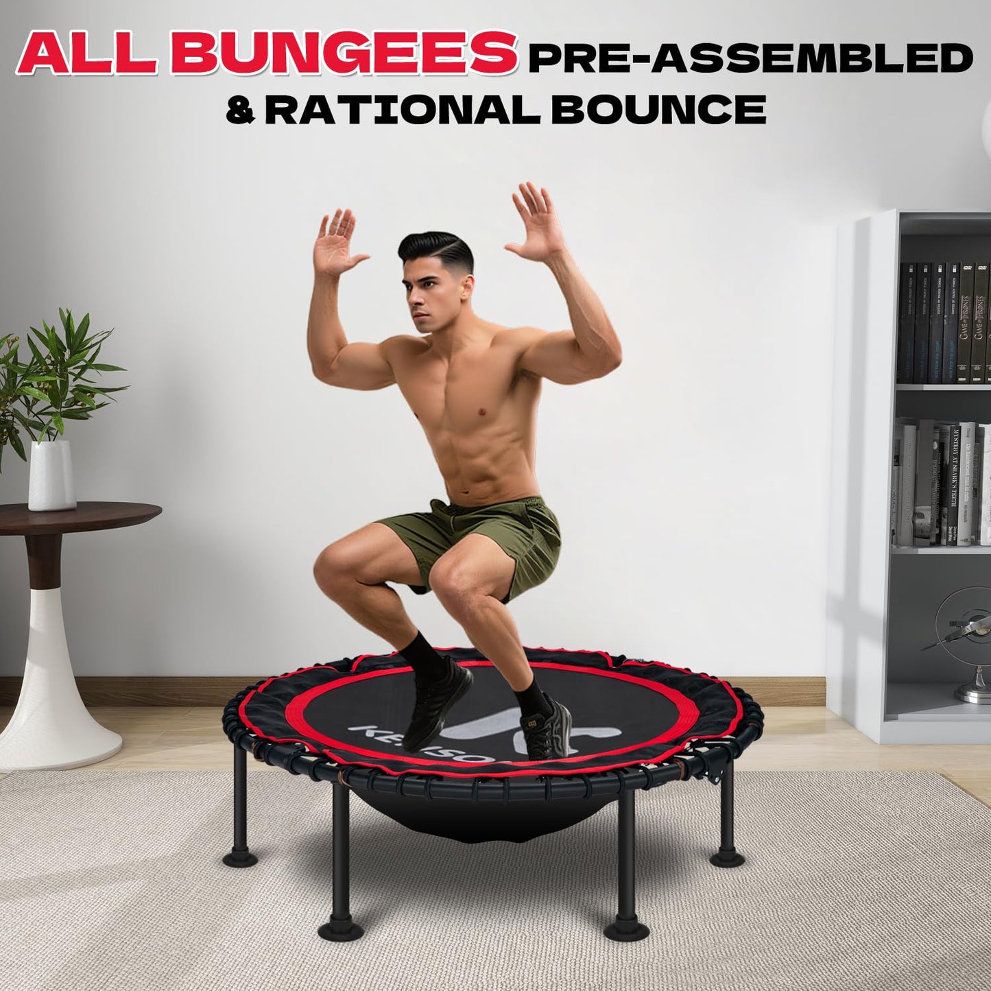 K KENSONE 40" Foldable Rebounder Trampoline for Adults with Bungee, 450 LBS Quiet Indoor Mini Trampoline for Adults Fitness, Gym Workout, Home Exercise, Red