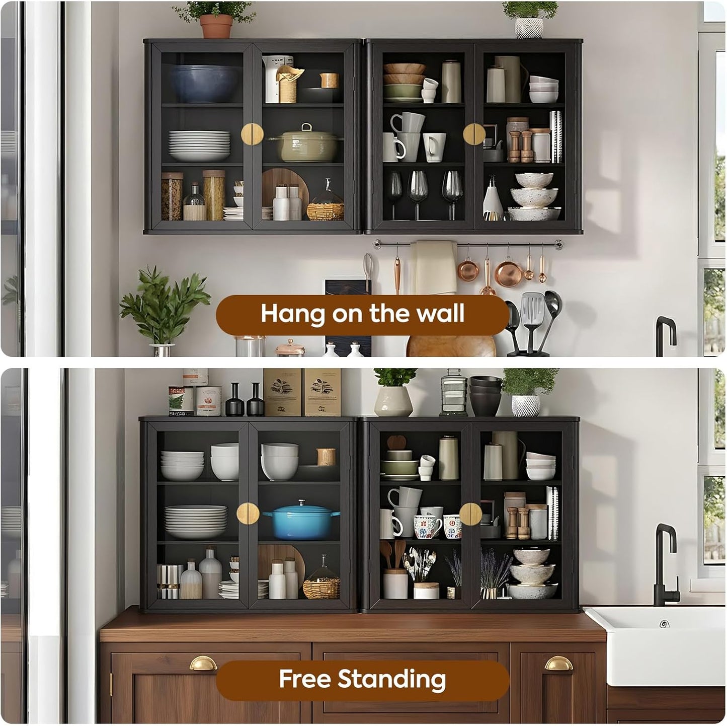 Bathroom Wall Cabinet Set of 2 - 56" Floating Display Cabinet with Glass Doors | Adjustable Shelves, Black with Golden Handles