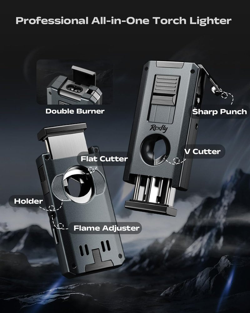 5-in-1 Torch Lighter with Holder, V & Straight Tool, Dual Jet Flame, Gifts for Men, Multifunctional Accessories, Adjustable & Windproof Lighter Set, Refillable Butane Lighter for Travel