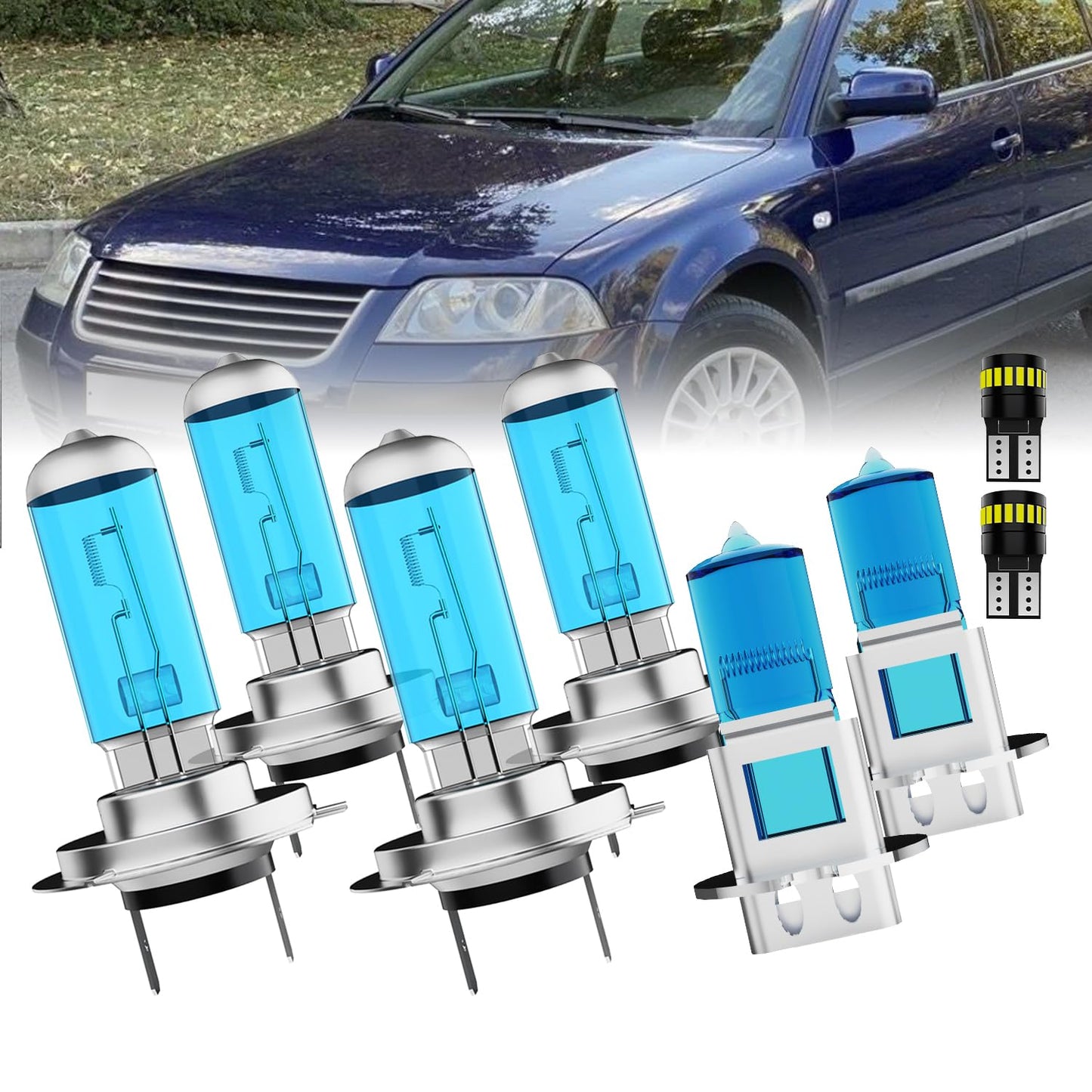 AYGZRUB Upgraded Headlight Bulbs Fit For Volkswagen Passat 2002-2005,H7 High Beam+H7 Low Beam H3 Fog Lights+T10 License Plate Lights,High Performance,6000K White Light,Plug n Play,8PCS