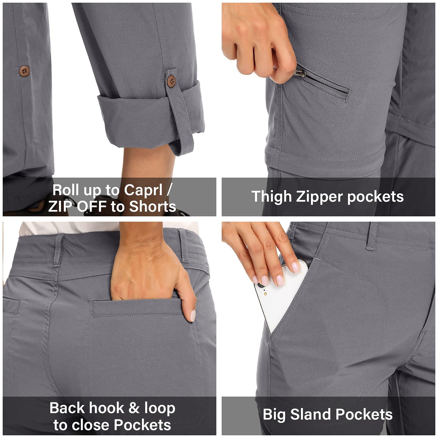 Women's Hiking Pants Convertible Lightweight Quick Dry Outdoor Travel Camping Safari Pants,2192,Grey, 6