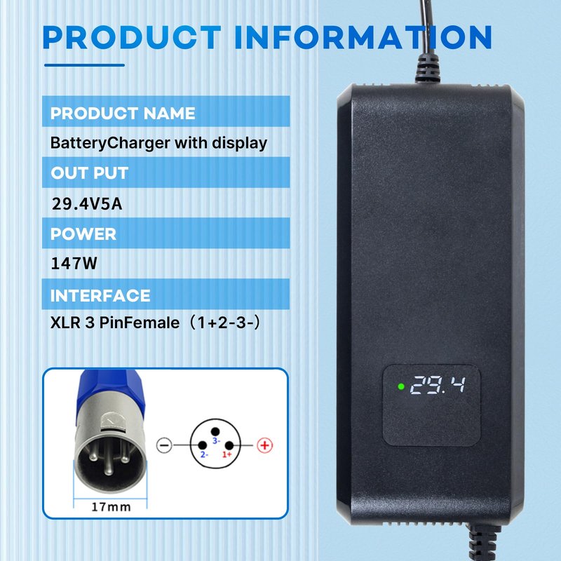 YZPOWER 29.4V 5Amp Lithium Battery Charger 3 Pin XLR Connector for 24V 25.2V Li-ion Batteries Pack,24V Smart Power Suppluy Fast Charging with Display Built-in Fan