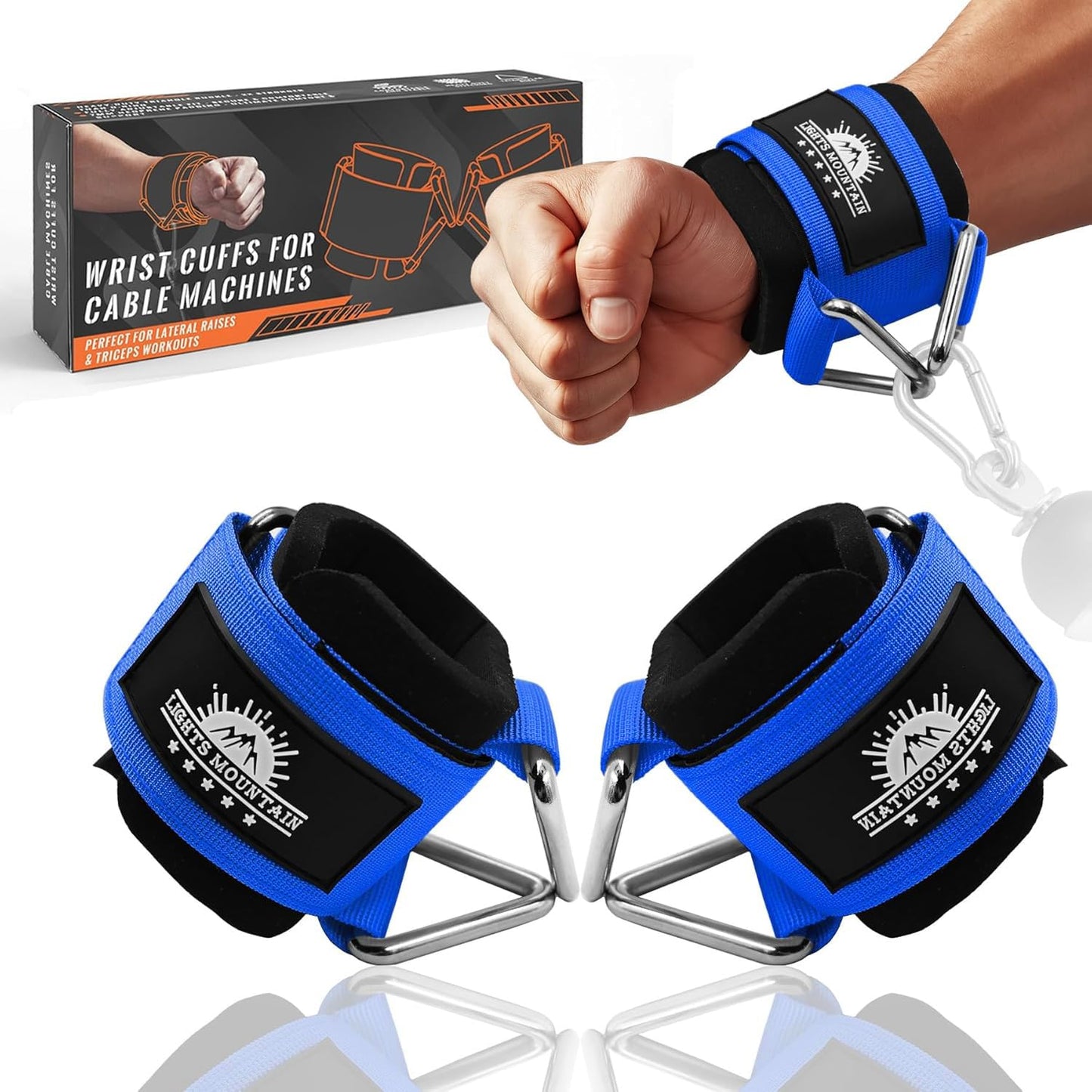 Lights Mountain Wrist Cuffs for Cable Machines – Padded & Adjustable Straps for Lateral Raises, Tricep Pushdowns & Strength Training (Blue M)