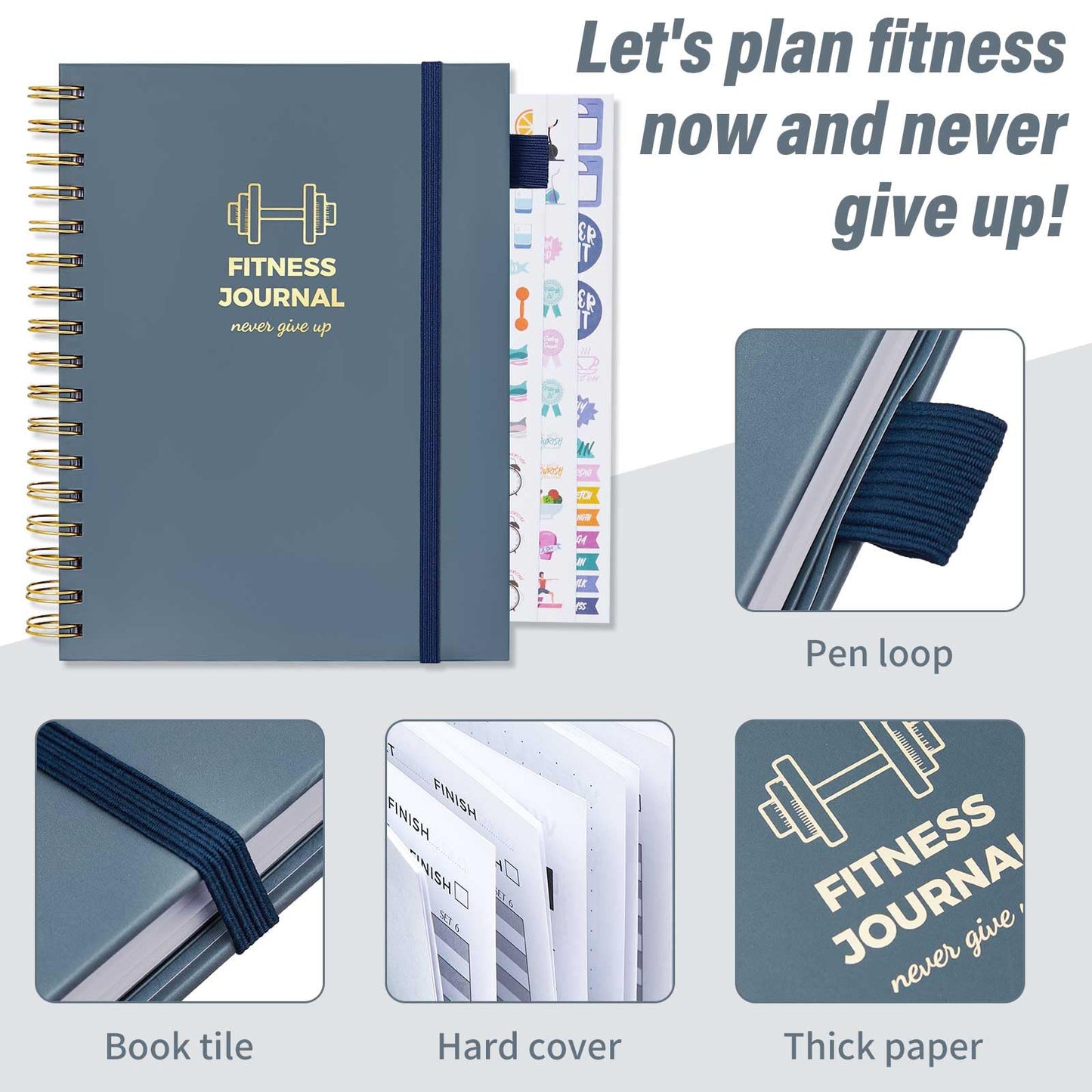 Fitness Journal for Women and Men, 8.8" x 6.6", Workout Log Sprial Book Planner for Tracking Progress and Achieving Your Wellness Goals, Hazeblue