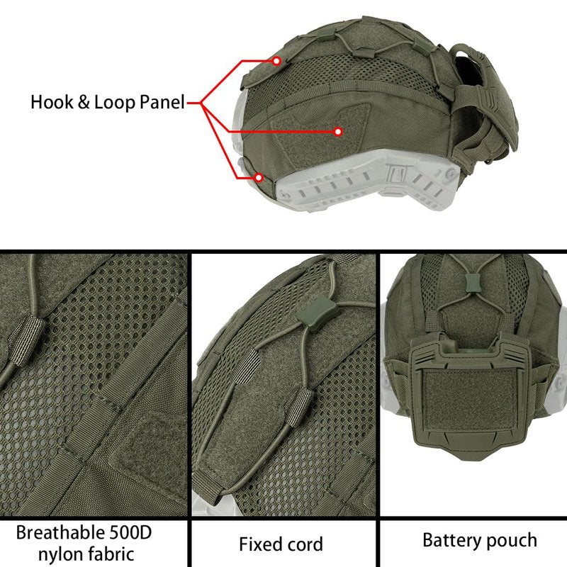 IDOGEAR Tactical Helmet Cover with Battery Rear Pouch for Fast Helmet Size M/L & L/XL Military Paintball Hunting Shooting Gear 500D Nylon (Ranger Green, Large)