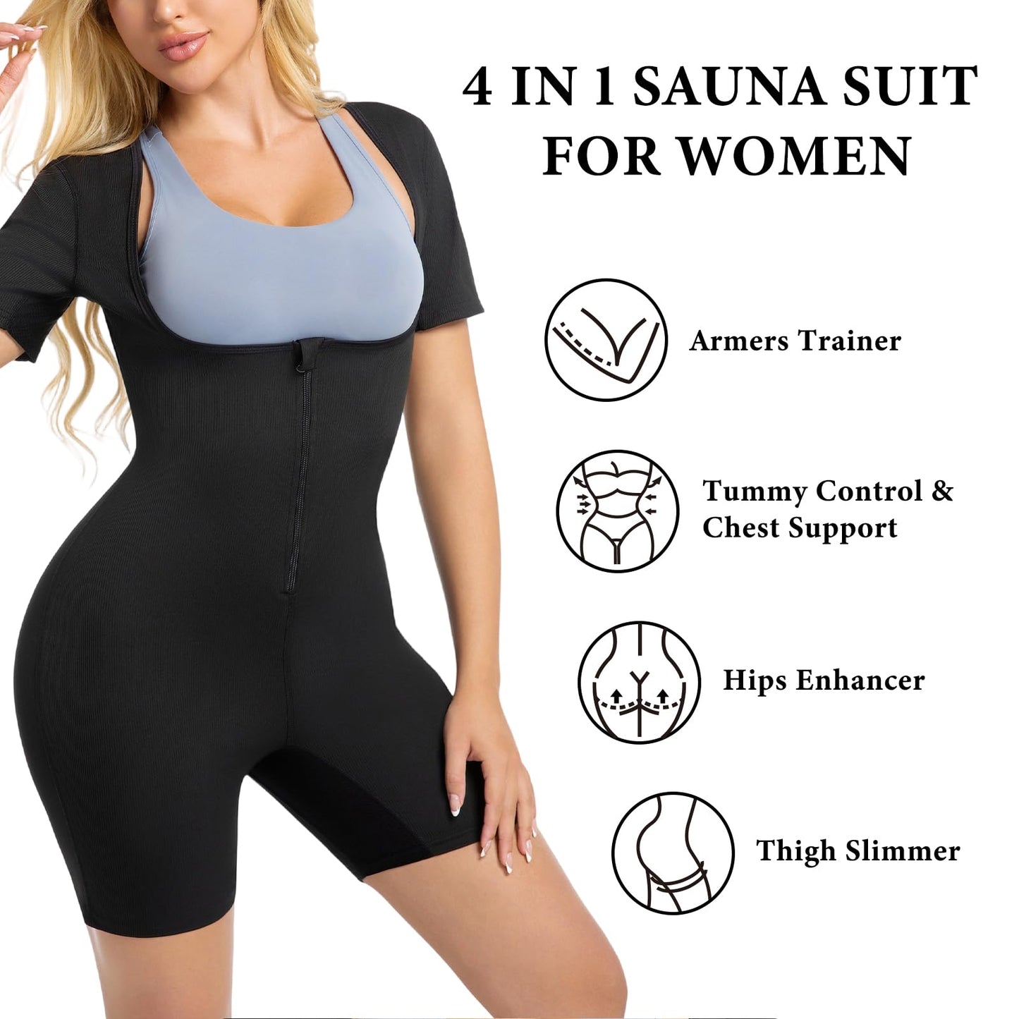 Meiosuns Sauna Suit for Women Ribbed Full Body Sweat Suits Weight Loss Jumpsuit Waist Trainer Shaper 4 in 1 Slimming Heat Trapping Sweat Shirt for Belly Fat Workout Gym Shapewear (Blue, L)