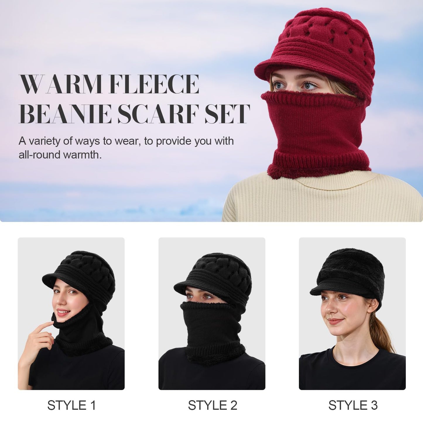 Womens Winter Beanie Hats, Winter Scarf Mask Set for Women One Piece Slouchy Beanie Hats with Visor Brim Fleece Lined, Wine Red 2025