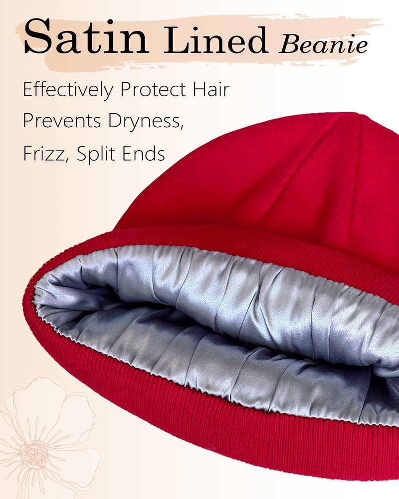 Satin Lined Beanie, 100% Cotton Beanies Hats for Men Women, Slouchy Knit Cuffed Winter Warm Soft Hat, Silk Lining Snug Skull Cap