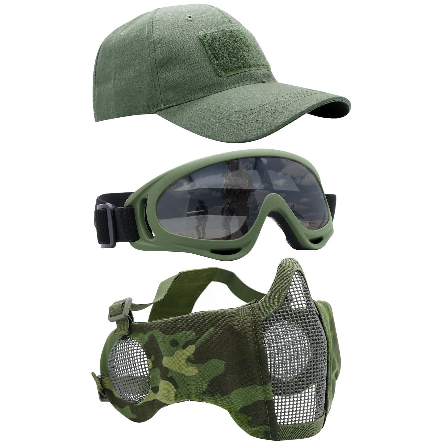 Yzpacc Airsoft Half Face Mask with Goggles Patch Hat Set Tactical Masks Full Face Ear Protective Baseball Cap for CS Halloween and Game