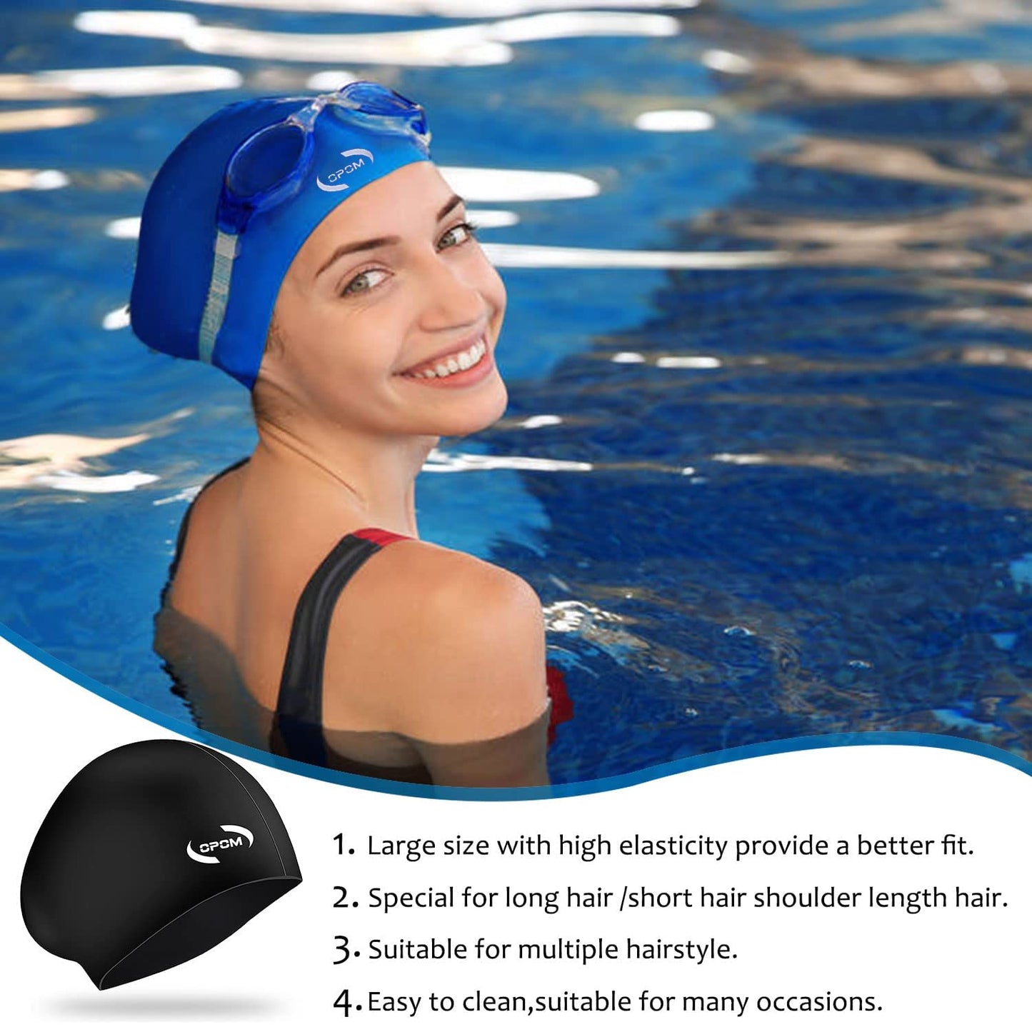 Women Silicone Swimming Cap, High Elasticity Thick Swim Hats for Long Hair, Bathing Swimming Caps for Women and Men Keep Your Hair Dry, with Ear Plugs and Nose Clip, Easy to Put On and Off