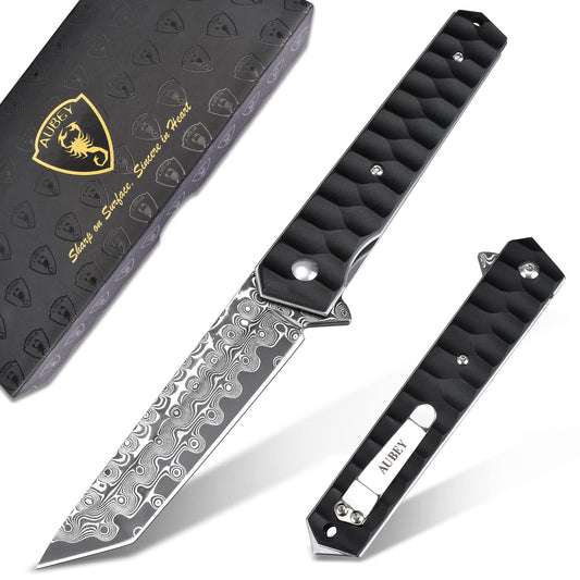 AUBEY Damascus Pocket Knife with Clip for Men Women- Tanto Blade Damascus Steel Folding Knives with Ball Bearing, Aluminum Non-Slip Handle and Glass Breaker, EDC Damascus Knife for Camping & Gift (Black)