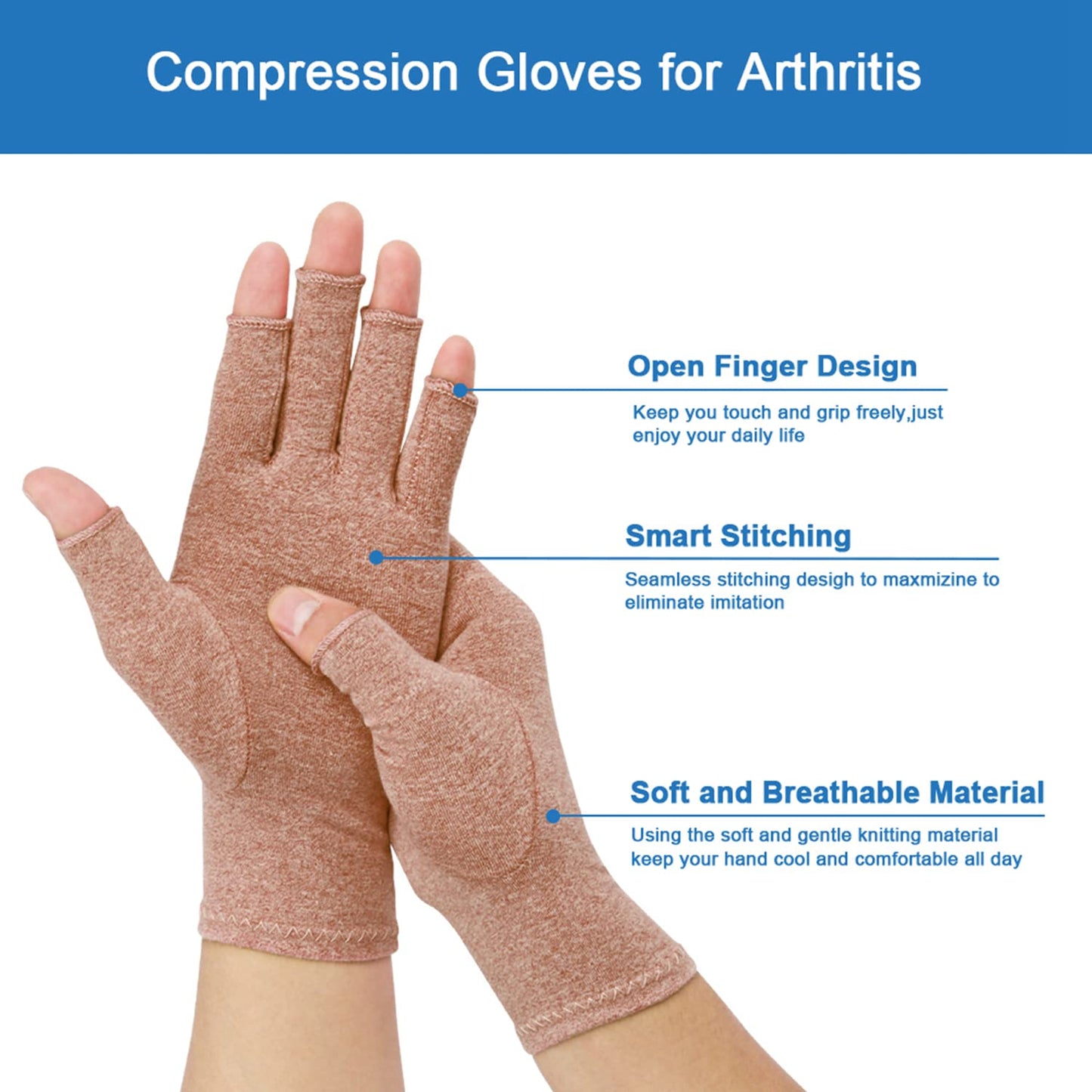 HSGEZUOQI 2-Pair Arthritis Compression Gloves for Alleviate Rheumatoid Osteoarthritis, Carpal Tunnel Raynauds Disease, Fingerless Design Breathable & Moisture, Women and Men (Coffee, Medium)