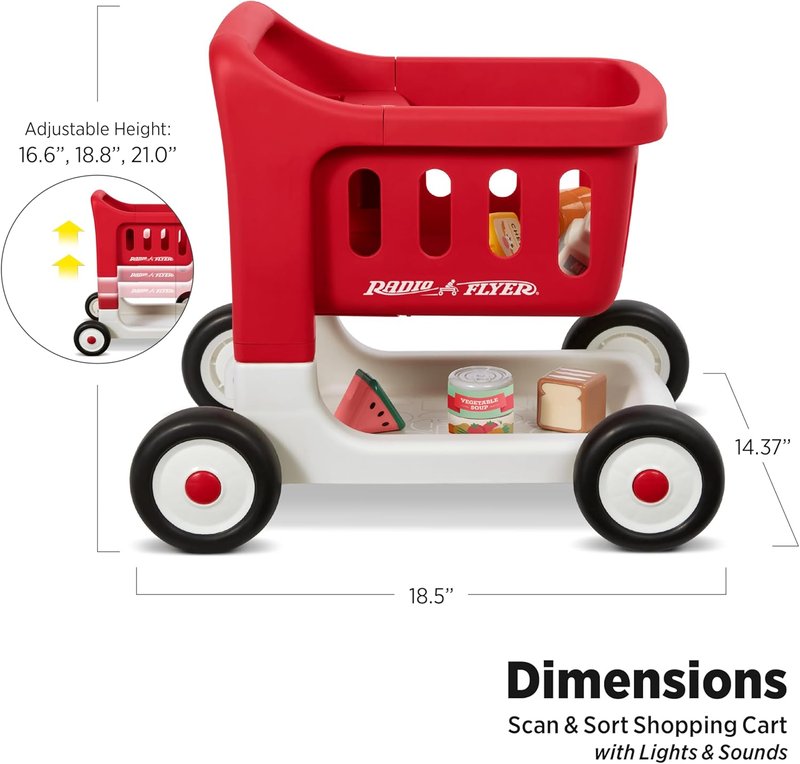 Interactive Baby Walker - Radio Flyer Scan & Sort Shopping Cart for Kids 1+ | Red with Lights & Play Food Items
