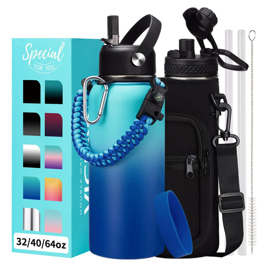 32oz/40oz/64oz Insulated Water Bottles - Vacuum Triple Walled Cold-48H Hot-24H, Water Bottle w/Straw & Chug Lid, Paracord Handle, Bottle Carrier, Stainless Steel Water Flask Mug for Sport Gym Yoga