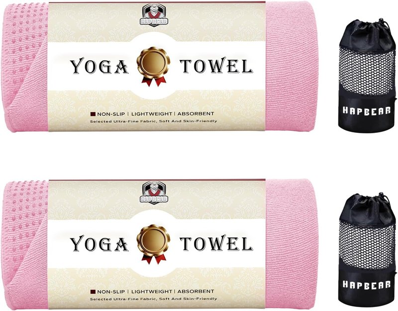 HAPBEAR Hot Yoga Towel - Super-Absorbent Microfiber with Non-Slip Grip Dots | 2 Pack, Pink