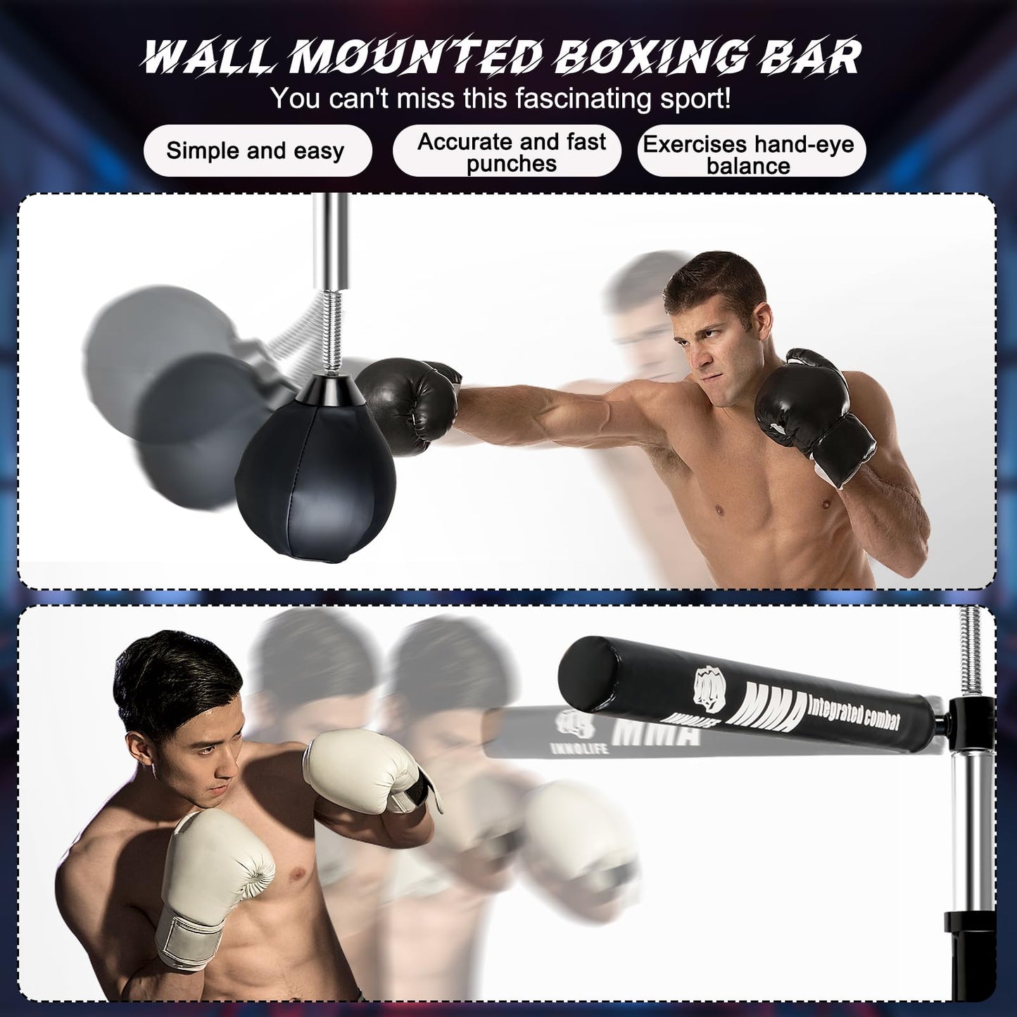 INNOLIFE Wall Mount Boxing Bar MMA Boxing Speed Trainer Boxing Reflex Bar Boxing Equipment Boxing Spinning Bar with Punching Ball for Gym Home