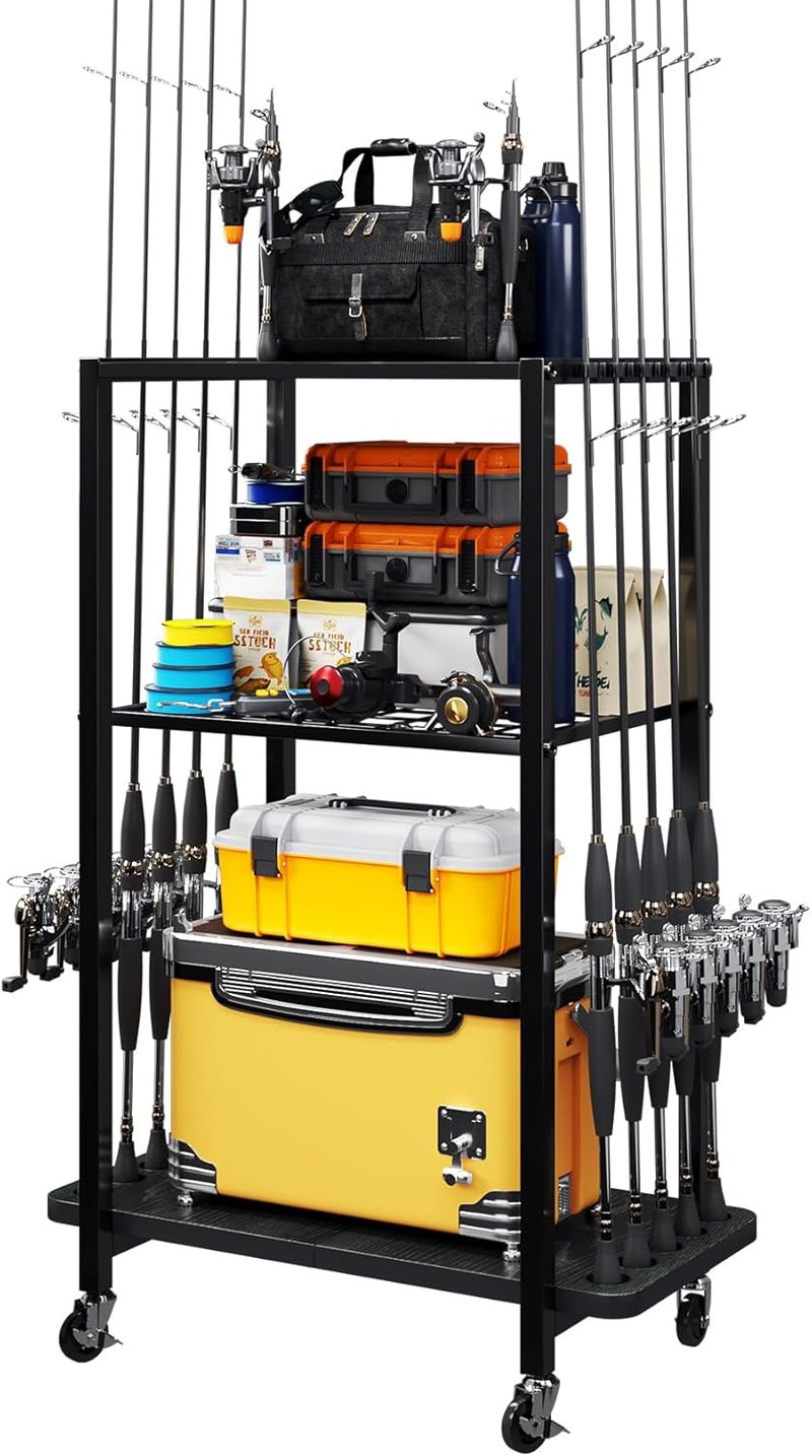 Fishing Rod Holder - 3-Tier Fishing Pole Rack Cart for 10 Rods | Tackle Storage Organizer with Bag - Black