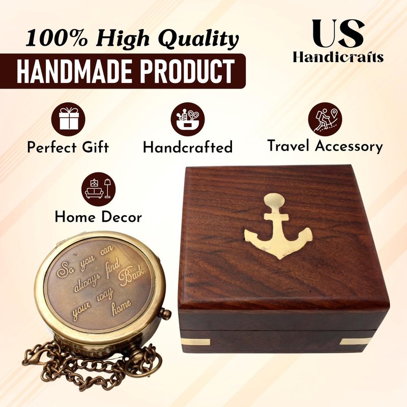 US HANDICRAFTS So You Can Always Find Your Way Back Home Engraved Brass Compass with Wooden Box | Inspirational Gift for Graduation, Birthday, Anniversary, Baptism, Valentine’s Day, Outdoor Adventures