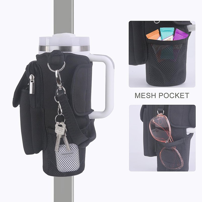 GHJTFC 40OZ Magnetic Water Bottle Carrier Bag, Compatible with Stanley Cup, with 5 Strong Magnets, Detachable Shoulder Strap, Hand Strap and Multiple Storage Pouches (Black)