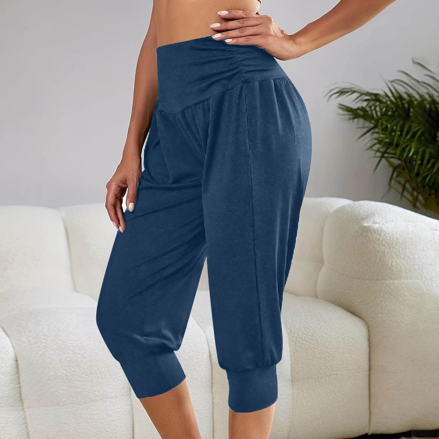 Today 2024 Capri Pants for Women, Casual Sweatpants Beam Foot High Elastic Waist Yoga Cropped Pants 2024 Lounge Trousers Navy