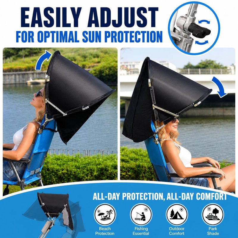 Universal Wind-Resistant Chair Umbrella Canopy, Foldable Portable UPF 50+ Sun Shade Attachment with Adjustable Clamp, Fits Most Beach, Camping, Lawn, Sports, Tanning, Zero Gravity Chairs, Patented