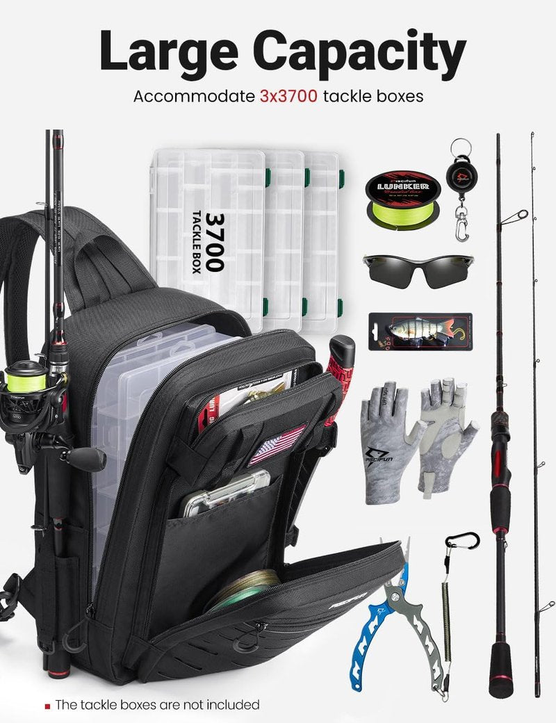 Fishing Backpack Tackle Bag - Water-Resistant Multi-Compartment Design | 2 Rod Holders, Lightweight Outdoor Pack