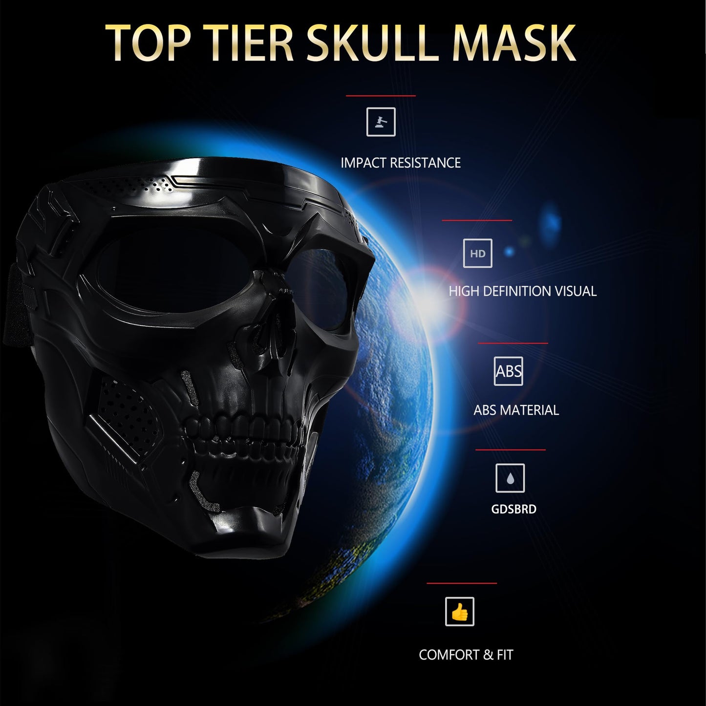 Skull Face Mask Full Face, Motorcycle Mask, Airsoft Mask, Tactical Mask, Paintball Mask for Men Women (SkullBlack)