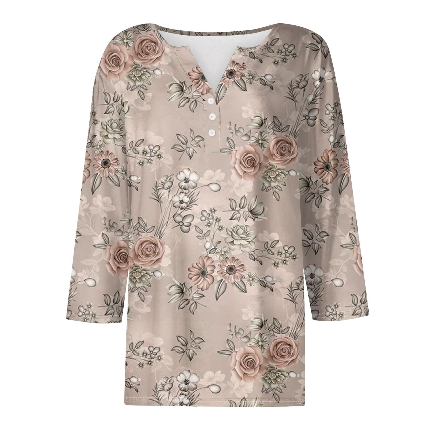 Summer Plus Size Shirts for Women Button V Neck 3/4 Sleeve Tops Dressy Henley Floral Print Tees Tunic Casual Blouses