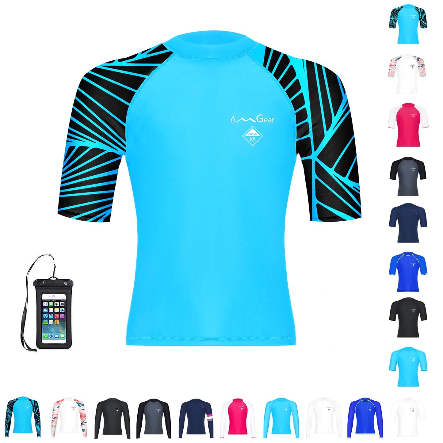 OMGear Rash Guard Swim Shirt Sun Block Short Long Sleeve Surf Tee Swimsuit Top (Blue camo(Short Sleeve), 3XL)