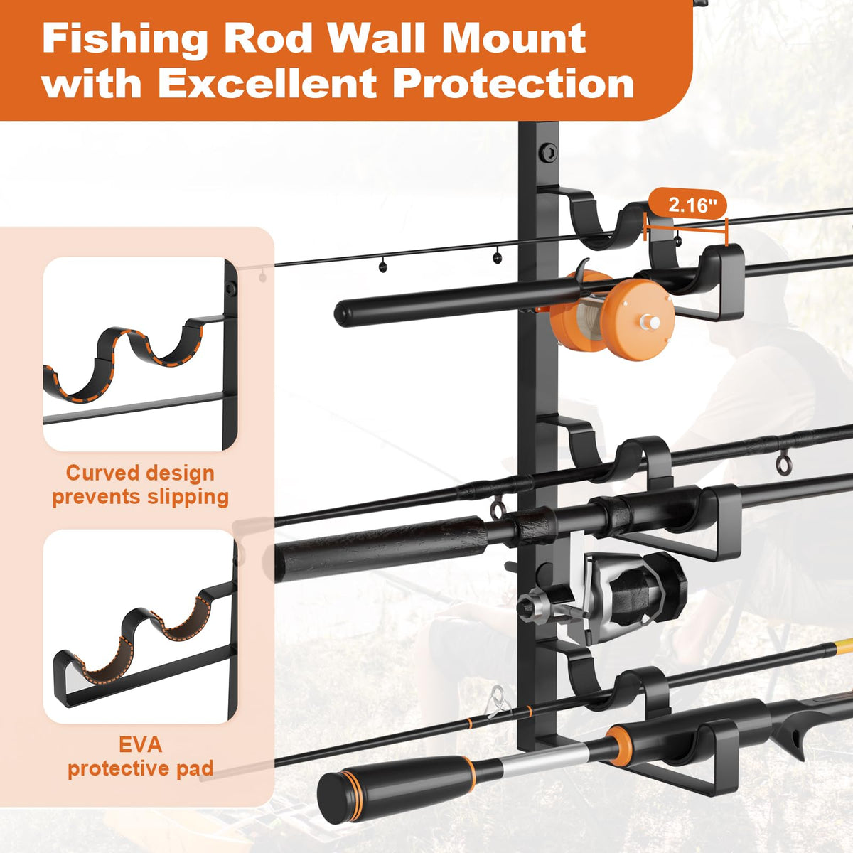 Olakee Wall Mount Fishing Rod Holders, Large Capacity Fishing Pole Holders for Garage Organizer, Horizontal Fishing Pole Rack Holds Up to 6 Rods with Pegboard & Hooks, Ideal Gift for Men Dad Anglers