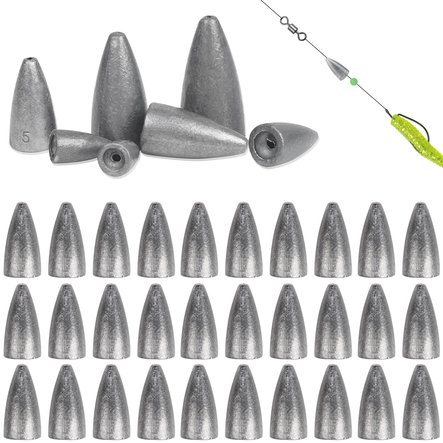 Fishing Weights Bullet Sinkers Shot Casting Bullet Worm Weights for Bass Fishing Carolina Rig Texas Rig Freshwater Saltwater, 30pcs 1/8oz