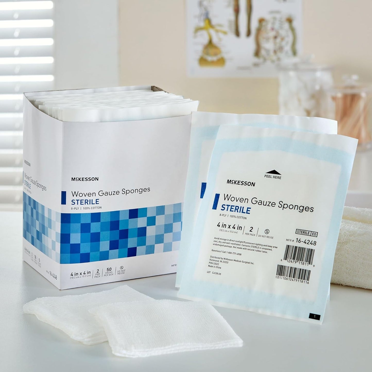 Woven Gauze Sponges - Sterile 8-Ply 100% Cotton | 4 in x 4 in, 50 Packs of 2 (100 Total)
