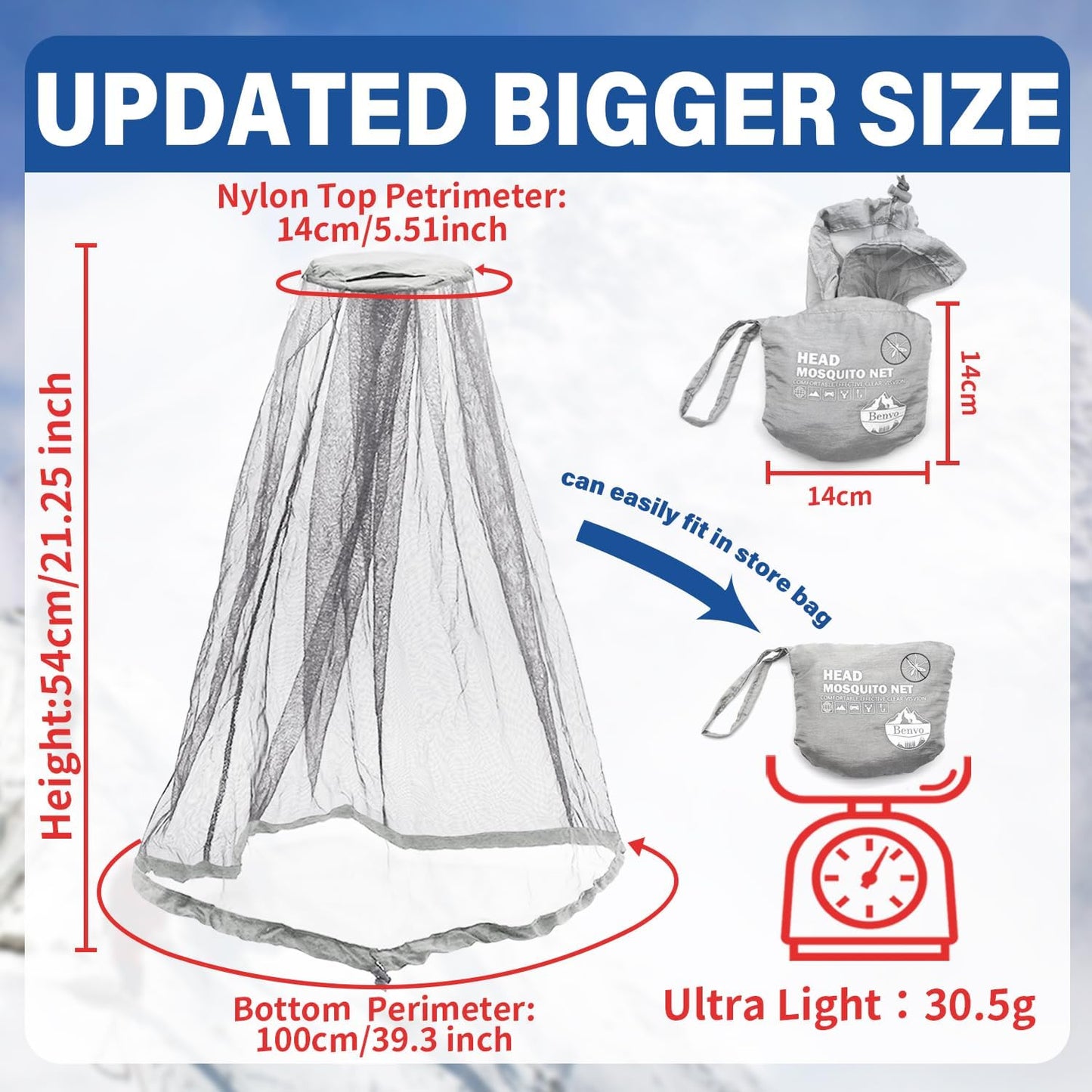 Benvo Mosquito Head Net - Mesh Face & Neck Insect Shield for Fishing, Camping | 2pcs, Grey, Upgraded Design