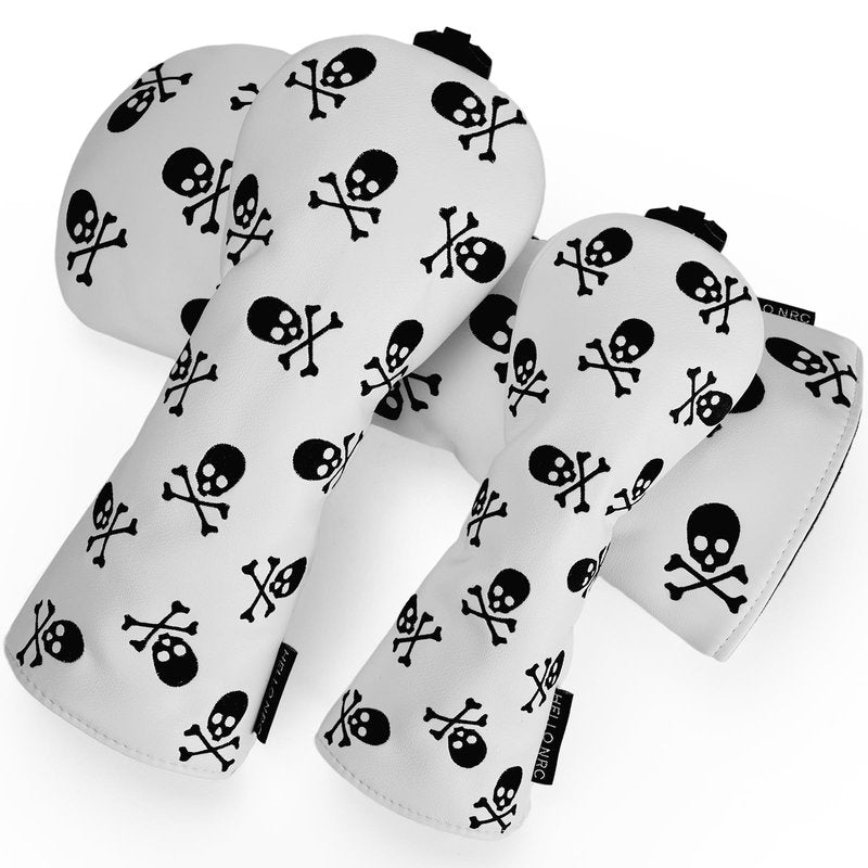 Gbourly Golf Club White Skull and Crossbones Skeleton Fairway Wood Head Cover PU Leather Headcover