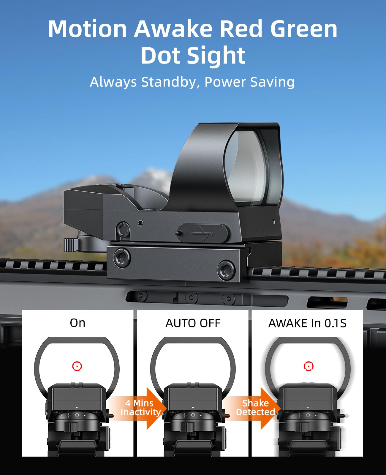 EZshoot Rechargeable Motion Awake Multiple Reticle Red Green Dot Sight, 40mm (1.6") Large Lens Reflex Sight, Red Dot Scope Optics for 20mm Picatinny Rail, Paintball Sights with Absolute Co-Witness
