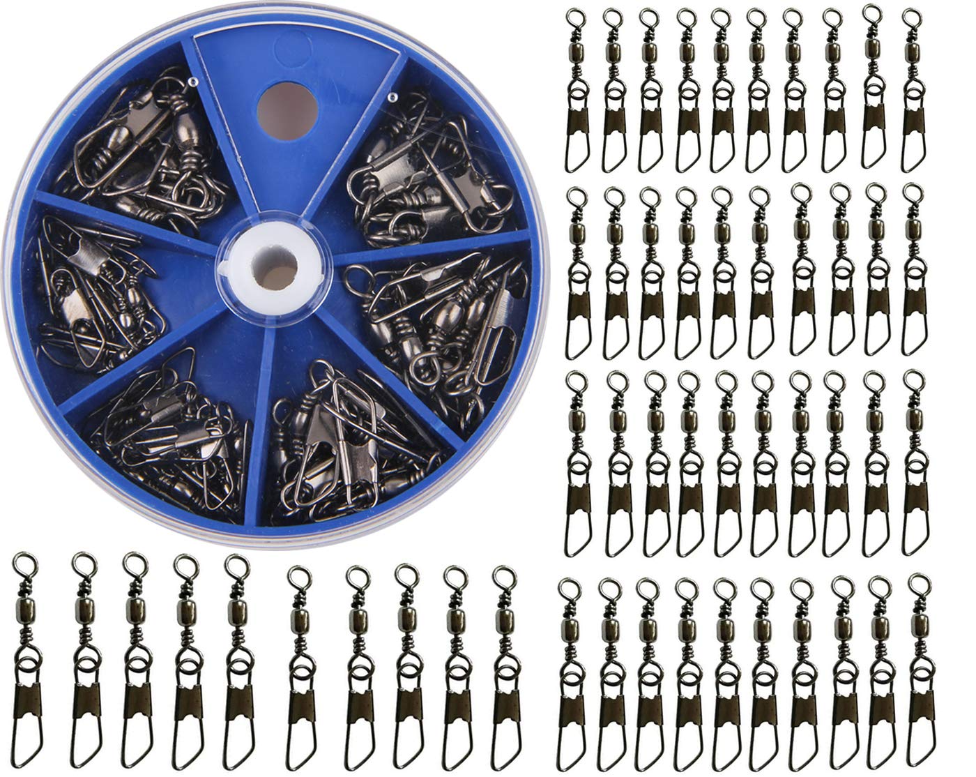 AGOOL Barrel Swivel Snap Kit - 50pcs Barrel Swivels with Safety Snaps High Strength Fishing Quick Connect Snap Swivels with Solid Ring Fishing Tackle Accessories Box Kit Size 4#,6#,8#,10#,12#,14#