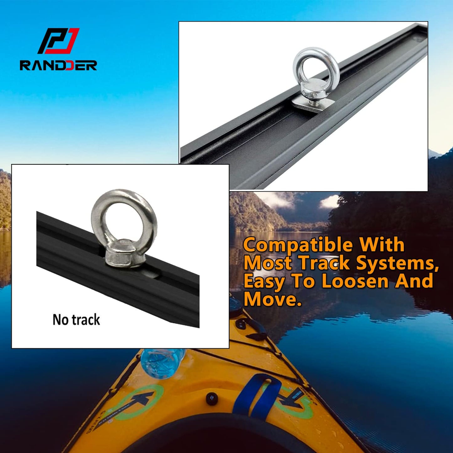 RANDDER Track Mount Kayak Tie Down Eyelet, 2 Packs Stainless Steel Eyelets with 4 Washers & 2 Nuts Kayaking Mounting Replacement Kit for Bungee Cord Rope Up to 0.6"