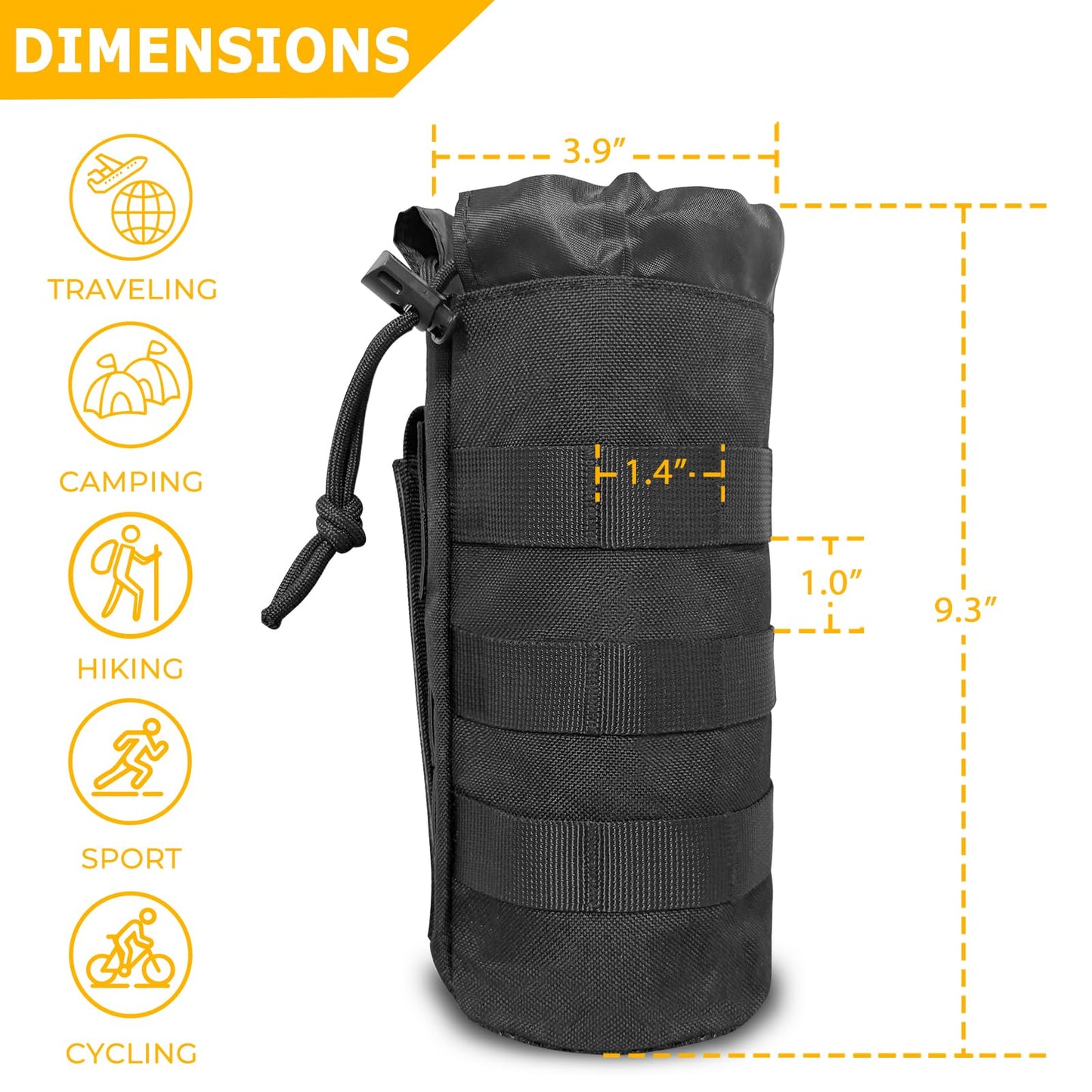 Tanzueji Upgraded Sports Tactical MOLLE Water Bottle Pouch with 2 Carabiners, Drawstring Open Top & Mesh Bottom Travel Hydration Carrier for Outdoor Hiking Camping